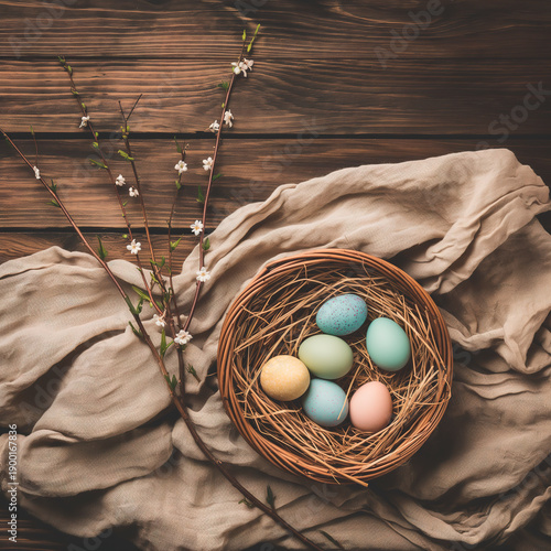 Rustic Easter Eggs in Wicker Nest with Spring Blossoms on Wooden Background