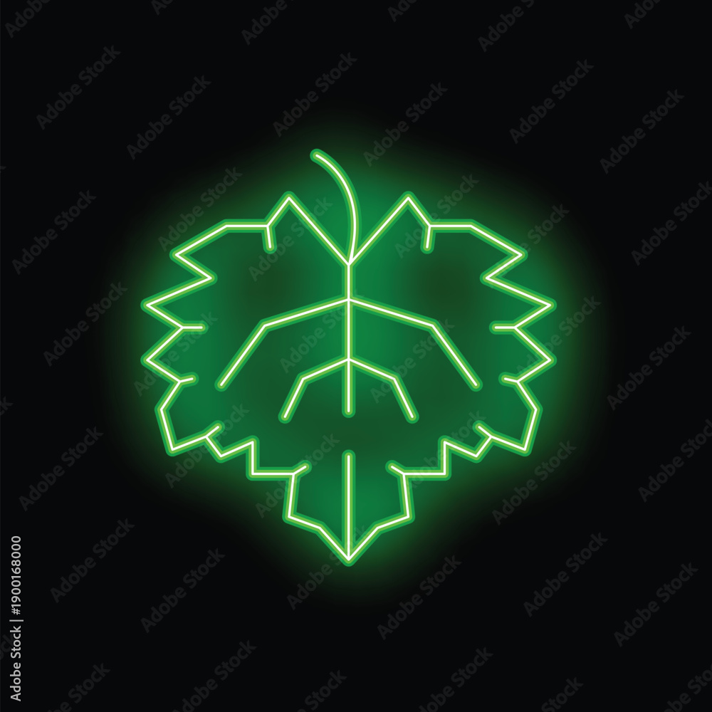 Naklejka premium Neon sign representing a grape leaf, glowing green on a black background