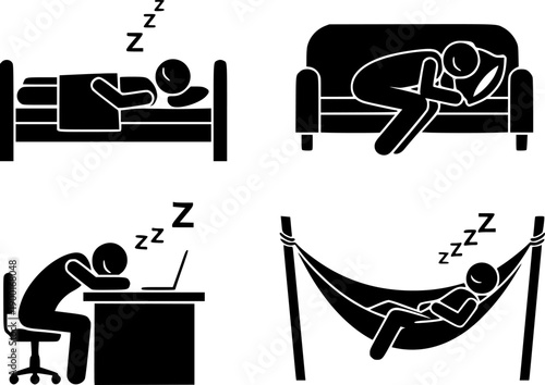 Four Stick Figure Icons Depicting People Sleeping in Different Poses and Locations napping tired

