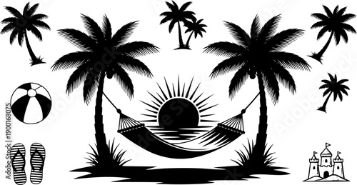 Tropical hammock silhouette, palm tree vector illustration, summer vacation relaxation design, outdoor leisure icons, holiday resort furniture, beach paradise elements, black and white
