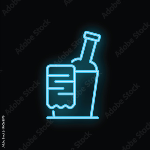 Glowing neon line wine bottle in an ice bucket with a towel icon isolated on black background vector illustration