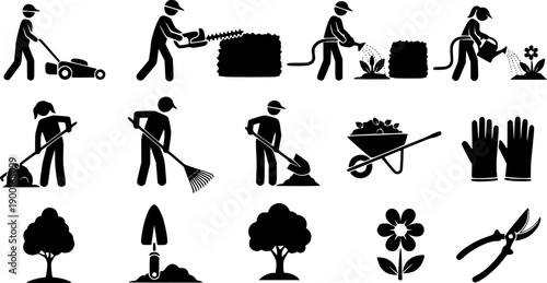 Silhouette of gardeners working with tools, people doing outdoor landscaping tasks, lawn care vector illustration, farming agriculture workers, gardening maintenance activity icons set