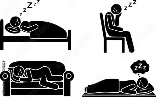 Four Stick Figure Icons Depicting People Sleeping in Different Poses and Locations napping tired
