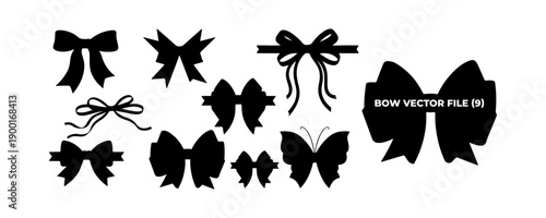 Full black bow silhouettes in a variety of styles, ribbon, design, decoration, set, shape, vector, black, and collection