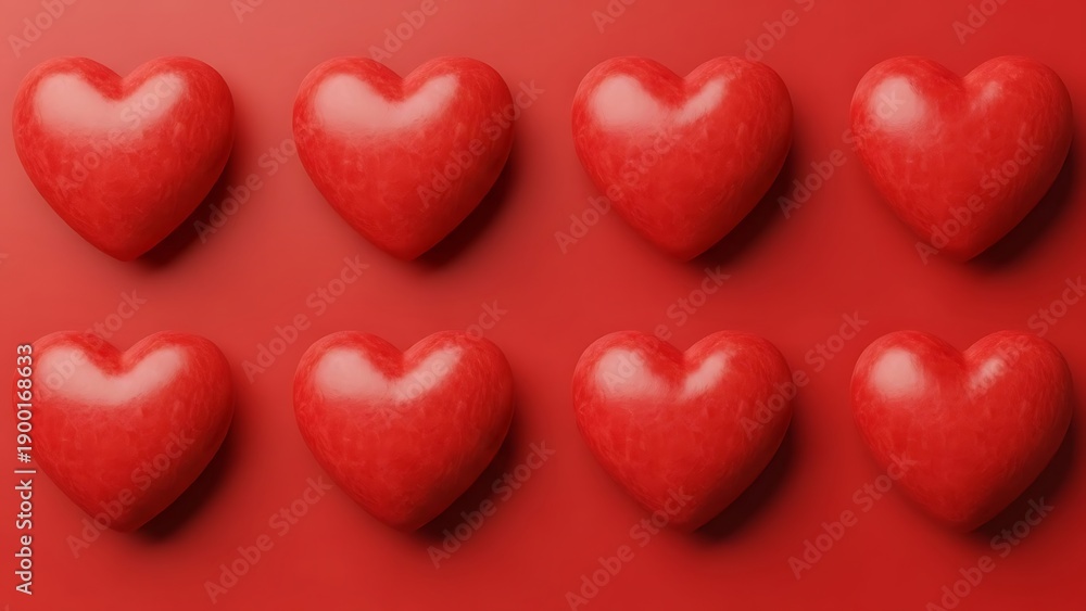 Fototapeta premium Eight shiny red hearts arranged in two rows on a red surface for Valentines Day
