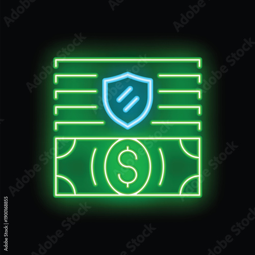 Glowing neon line icon of dollar banknotes with a protection shield, financial safety and insurance concept