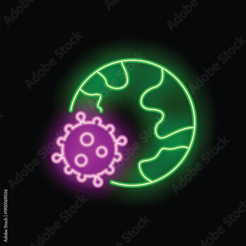 Neon sign representing the coronavirus attacking the earth globe