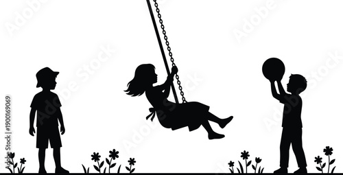 Children silhouettes playing outdoors, swing motion, holding ball, nature background, flowers, park activity, childhood fun, social interaction, leisure, greenery