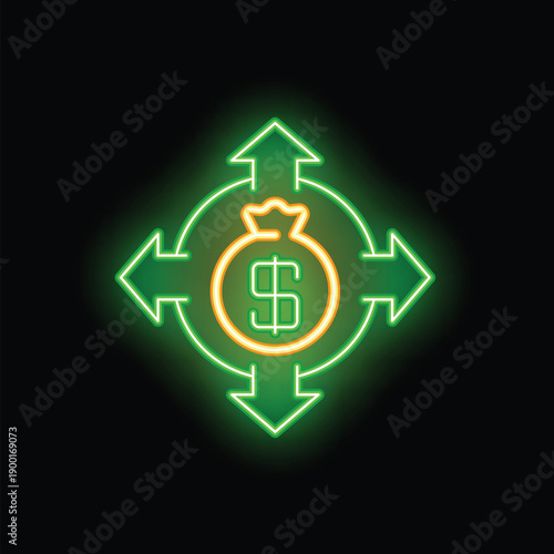 Neon green arrows pointing in different directions surrounding a neon orange money bag, representing money transfer