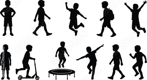 Children silhouettes playing, jumping, running, walking, riding scooter, raising hands, school kids, active lifestyle, outdoor fun, childhood energy, motion