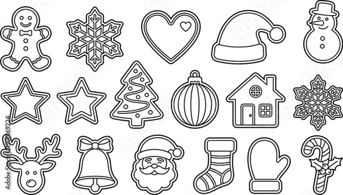 Christmas icons, festive symbols, holiday decorations, winter celebration, Santa Claus, snowflake, reindeer, gingerbread man, Christmas tree, candy cane, ornament, stocking, mitten, bell, star