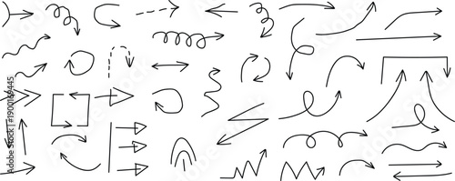 Set of black grunge hand drawn arrows isolated on white. pencil hand drawn various oval, chalked arrows, check marks.