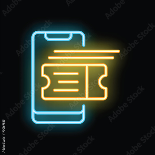 Glowing neon icon of a smartphone displaying a digital ticket, symbolizing online booking and mobile payments