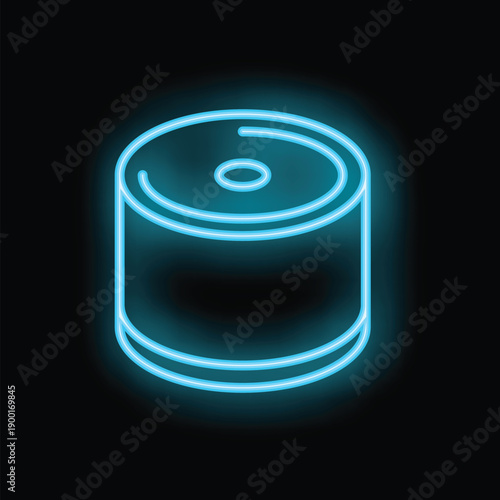 Blue neon sign depicting a compact disc, glowing against a black background