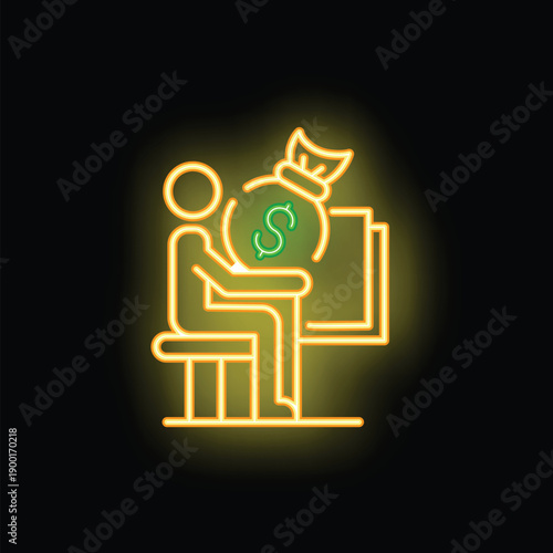 Neon sign of a businessman holding a money bag, symbolizing success, wealth and investment