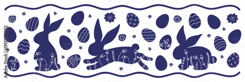 Easter decorative banner rabbit silhouettes, flowers and easter eggs. Vector illustration