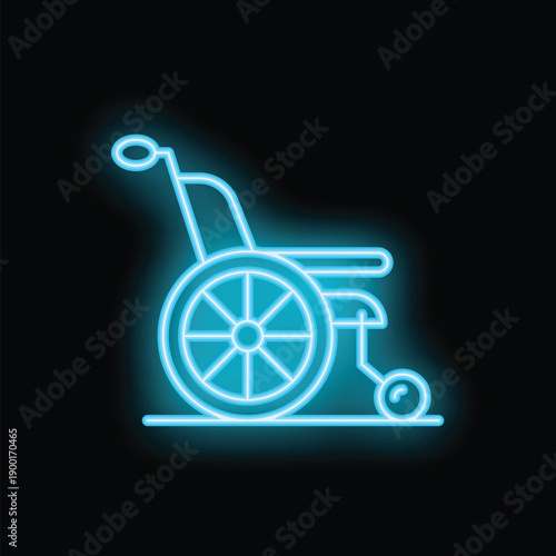 Blue neon wheelchair icon glowing on dark background for healthcare or disability awareness projects