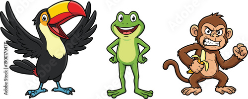 Cute cartoon jungle animals illustration, toucan frog monkey characters, funny wildlife mascots isolated on white background design