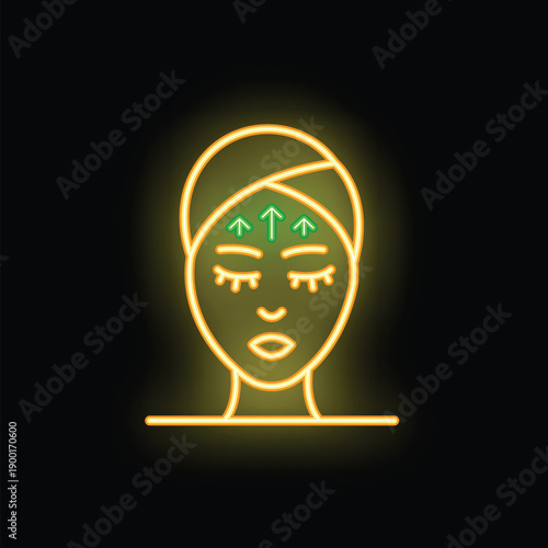 Neon sign of a woman with closed eyes wearing a spa headband, getting a forehead lift, with green arrows pointing up