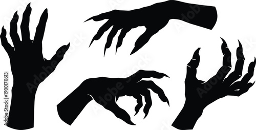 Creepy clawed hand silhouettes set, horror monster gestures collection, spooky halloween hands isolated on white background illustration dark fantasy concept