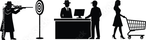 Crime business consumer silhouettes illustration, sniper target, office deal, shopping woman concept, society risk control surveillance economy modern urban symbolism
