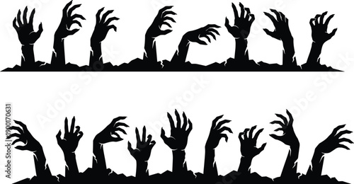 Creepy zombie hands rising from ground silhouettes showing horror undead attack isolated on white background Halloween scary concept illustration