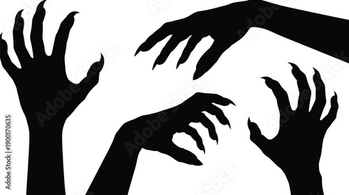 Creepy hand silhouettes with claws, horror monster gesture collection, spooky zombie hands isolated, dark fantasy scary concept illustration