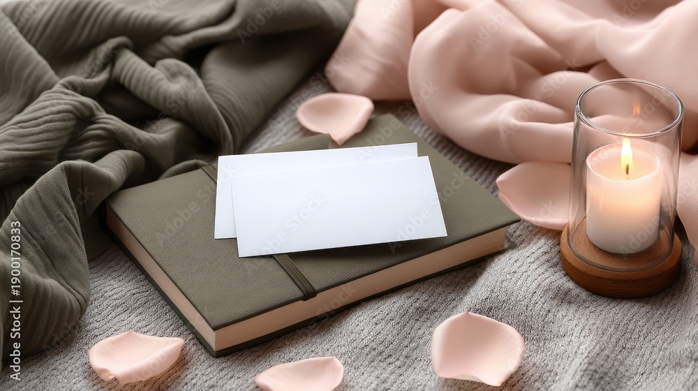 Obraz premium Two blank white business cards rest on an olive green notebook, surrounded by rose petals on a marble surface