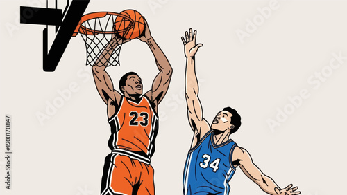 Basketball player performing a slam dunk with defender blocking vector illustration