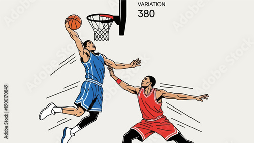 Basketball player performing slam dunk action against another player