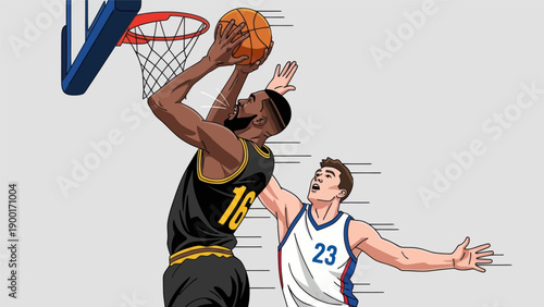 Basketball player shooting ball near hoop against defender vector illustration