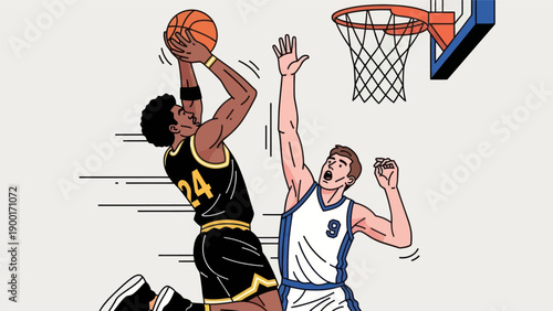 Basketball player shooting ball with opponent attempting to block shot