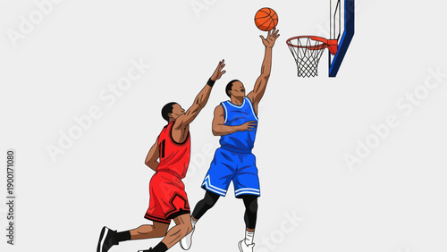 Basketball player shooting ball with opponent defending action vector illustration