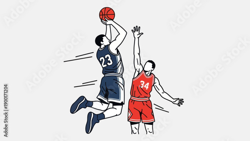 Basketball player shooting the ball with another attempting to block