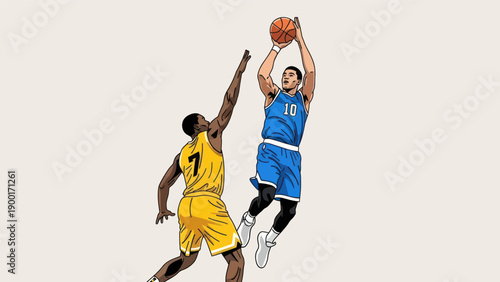 Basketball player shooting the ball with defender sport action illustration
