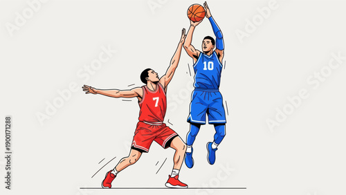 Basketball player shooting the ball with defender vector illustration