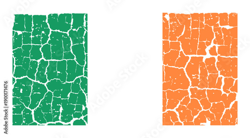Illustration of the national flag of Ireland painted on a cracked wall. Grunge distressed style background with official Irish Tricolour green, white, and orange colors.