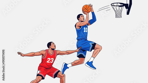 Basketball player shoots the ball towards the hoop in vector illustration