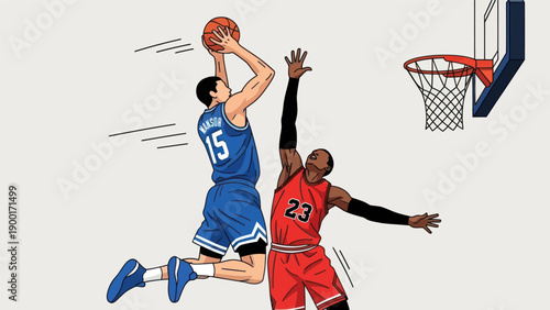 Basketball player shoots the ball with defender in a dynamic illustration