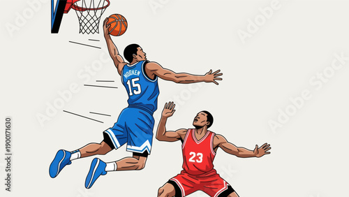 Basketball player soaring through air to score a basket against opponent