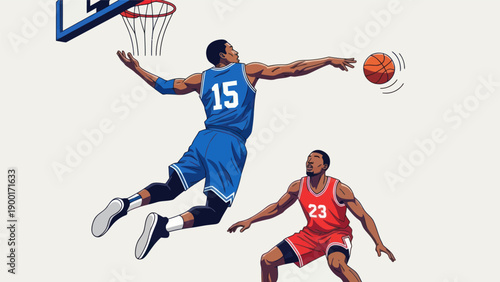 Basketball player soaring to dunk with another player in a sports illustration