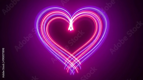 Vibrant Neon Heart Shape Glowing with Pink and Purple Light Trails on a Dark Background