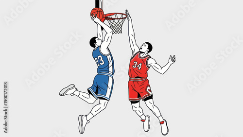 Basketball players competing for the ball during a game in vector illustration
