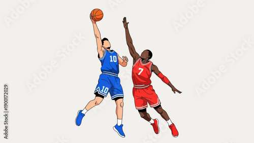 Basketball players competing in a dynamic illustration against a plain background