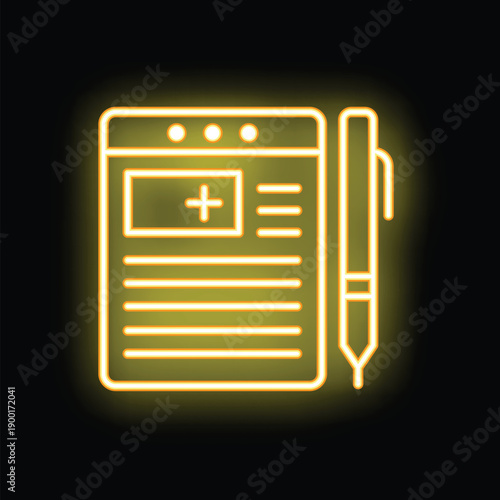 Glowing yellow neon icon of a medical record with a pen is showing medical history concept