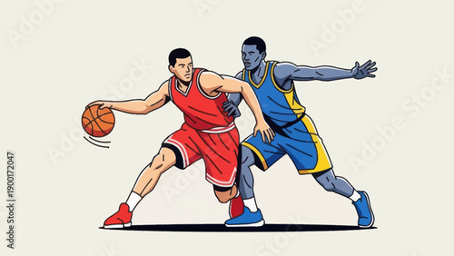 Basketball players dribbling and defending in dynamic action illustration