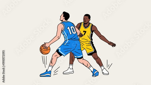 Basketball players dribbling and defending in dynamic illustration