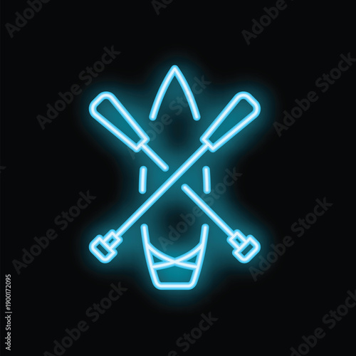 Neon sign of a kayak with crossed paddles glowing blue on a black background