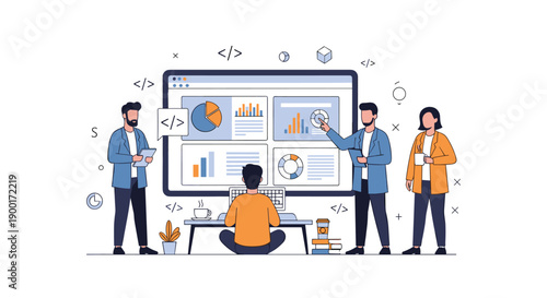 Business team collaboratively analyzing data and charts on a large digital screen, depicting professional analytics and