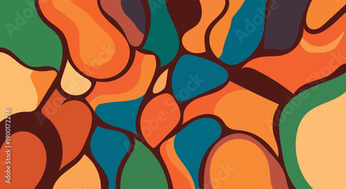 Abstract colorful shapes with bold outlines and warm tones dominate the composition